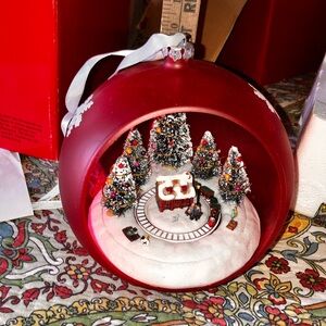 Jumbo Red Christmas Ornament with Miniature Train Scene